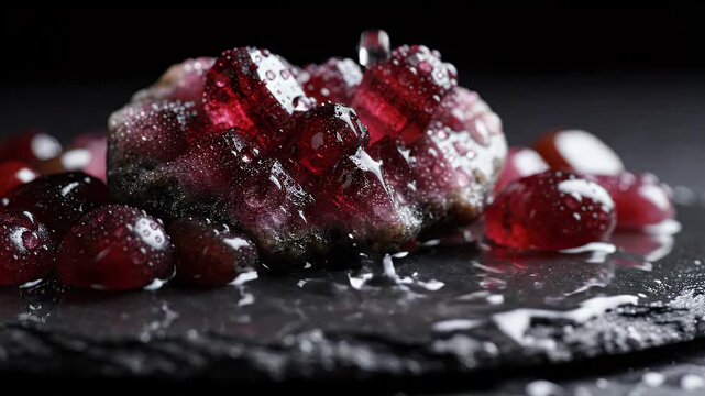 Wet Red Crystal Formation with Water Droplets on Dark Surface - Close-up view of deep red crystal formations, appearing to be garnets, covered in glistening water droplets.