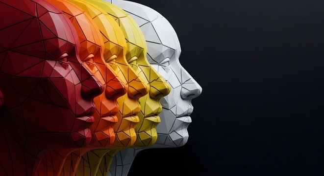 Colorful geometric polygonal faces aligned in profile view. Human identity and digital diversity concept. Three dimensional low poly heads standing together against a dark background.