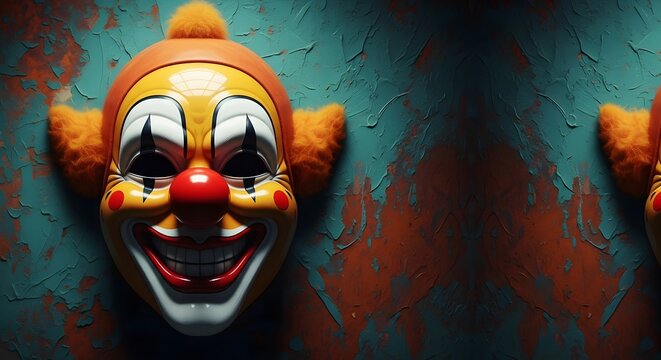 Creepy smiling clown mask with orange hair on a textured wall. Horror masquerade and frightening entertainment concept. Frightening jester face hanging on a peeling painted background.