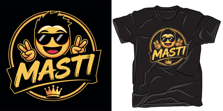 Happy emoji face with sunglasses and text mast for apparel printing.