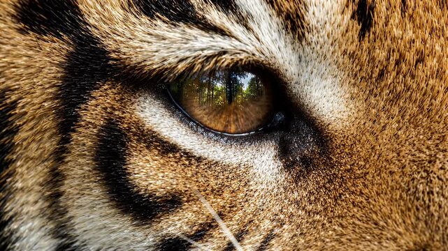 Close Up Tiger Eye Reflection Forest - Extreme close-up of a tiger's amber eye, showcasing intricate details of fur and a reflection of a lush forest scene.