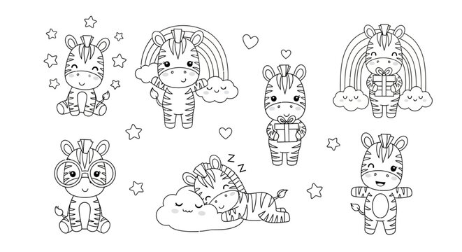 Cute Cartoon Zebra Set with Rainbows and Clouds for Coloring Page