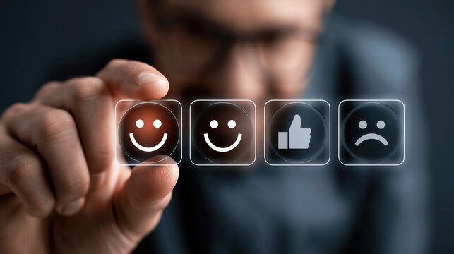 Man is shown pressing a happy emoticon icon on a virtual screen, illustrating the concept of customer satisfaction.