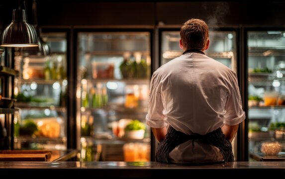 Male Chef in Professional Kitchen with Back to Camera in Focused Moment