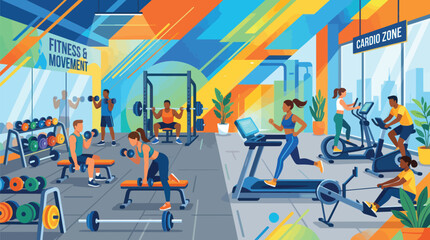 Diverse individuals engage in various fitness activities within a modern gym setting © Revanpenceng