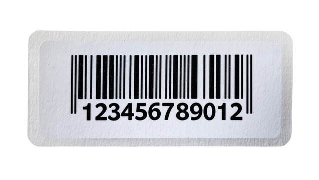 Black barcode with numbers 123456789012 on white sticker, isolated on transparent background