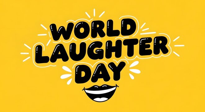 Bold World Laughter Day typography on a yellow background. Global celebration of comedy and happiness concept. Big grinning mouth illustration resting beneath festive comic lettering.