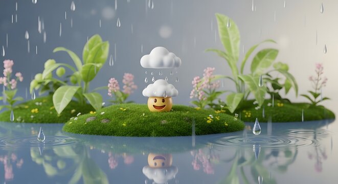Happy emoji face using a cloud as an umbrella during a rainstorm. Finding positivity in difficult situations concept. Cute character sitting on a green grassy island surrounded by water.