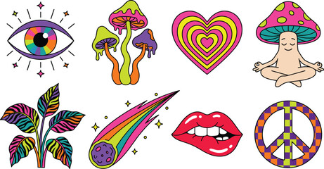 Retro Psychedelic Groovy Hippie Sticker Vector Set Featuring All Seeing Eye, Melting Magic Mushrooms, Rainbow Comet, Lips, and Checkered Peace Sign © Rownok