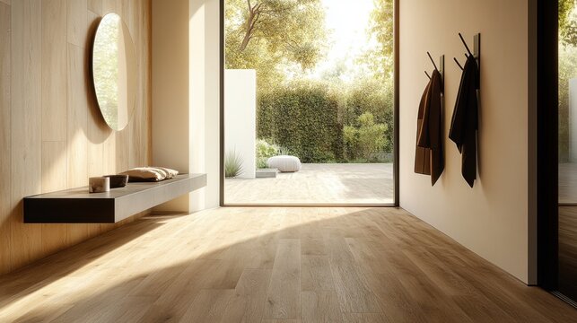 Modern entryway with minimalist decor and garden view