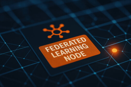 Powerful federated learning node label with secure network icon on distributed artificial intelligence infrastructure highlighting decentralized privacy preserving training concept