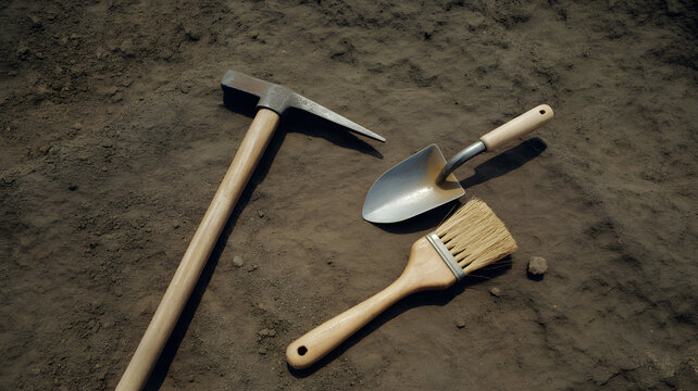 Three essential archaeological tools laid out on a dirt surface for excavation work