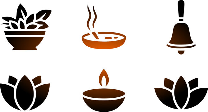 Set of traditional Hindu pooja icons featuring tulsi leaves bowl incense dhoop ritual hand bell diya oil lamp and lotus flower silhouettes with a warm brown gradient fill.