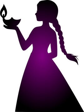 Beautiful silhouette illustration of an Indian woman with long braided hair holding a glowing diya oil lamp on a deep purple gradient background, perfect for Diwali festival designs.