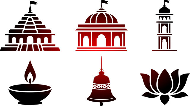 Set of Hindu religious icon vectors featuring traditional temple architecture diya oil lamp ceremonial bell and lotus flower silhouettes with a dark red gradient fill.