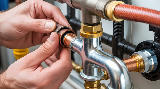 A person is assembling a plumbing system with copper and PEX pipes and fittings