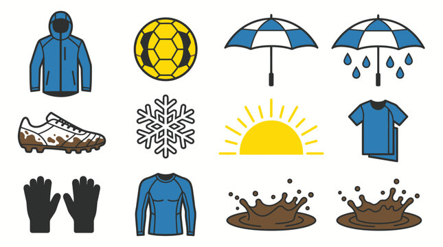 Vector icons for winter soccer training and bad weather conditions like rain and mud