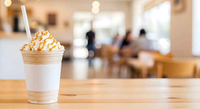 Iced coffee latte frappe with whipped cream and caramel drizzle in takeaway plastic cup with blank white sleeve on wooden table inside blurred cafe, copy space