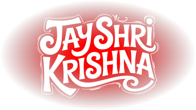Creative Jay Shri Krishna english typography calligraphy text logo design on a vibrant red gradient background vignette, ideal for Hindu religious and festival greeting cards.