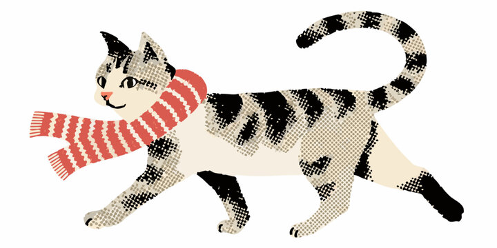 Halftone cat with candy cane scarf vector illustration on white background