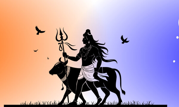 Solid black silhouette vector illustration of Lord Shiva holding trishul and walking with his sacred nandi bull on an orange and blue gradient background, perfect for spiritual designs.