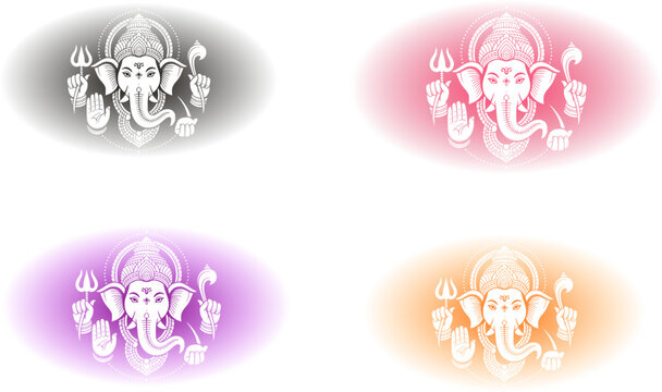 Lord Ganesha vector line art illustration set with four colorful gradient background vignettes including pink purple orange and grey, perfect for Hindu festival designs.