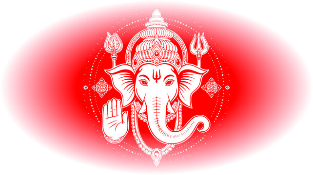 Beautiful white line art illustration of Lord Ganesha face with blessing hand gesture on a vibrant red background vignette, perfect for Hindu religious and festival designs.