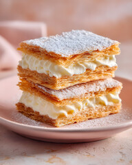 Delicate Layers of Soft Peach Millefeuille with Cream on Elegant Plate
