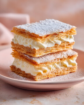 Delicate Layers of Soft Peach Millefeuille with Cream on Elegant Plate