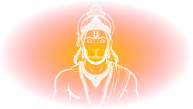 Beautiful white line art illustration of Lord Hanuman on a vibrant orange and pink gradient background vignette, perfect for Hindu religious and festival designs.