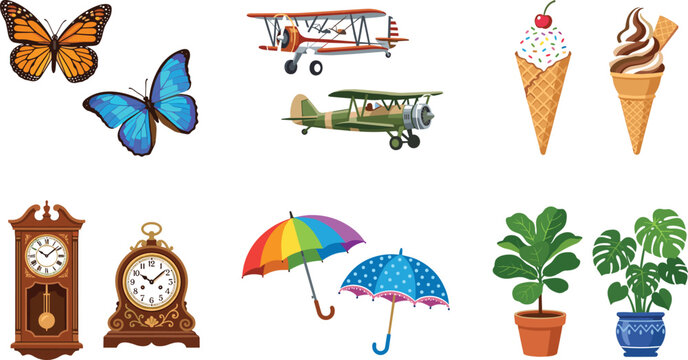 Beautiful Vector Sticker Bundle Featuring Monarch Butterflies, Vintage Biplanes, Ice Cream Cones, Antique Wooden Clocks, Rainbow Umbrellas, and Potted Houseplants