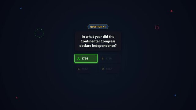 Educational history trivia quiz interface screen displaying a question about the US Declaration of Independence in 1776