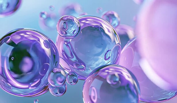 Abstract medical background with floating spheres and blue gradient, bubbles of blue and purple
