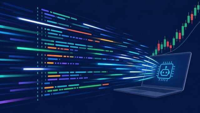 Laptop with glowing code lines extending towards a rising stock chart, symbolizing AI-driven financial technology and automated trading.