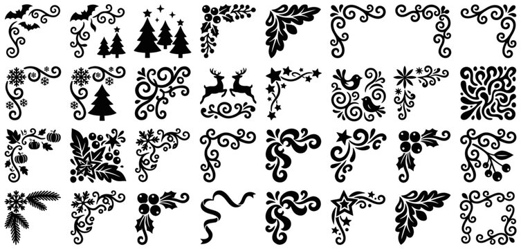 Decorative Christmas and festive corner border silhouette collection with holiday ornaments, floral elements, and scrolls