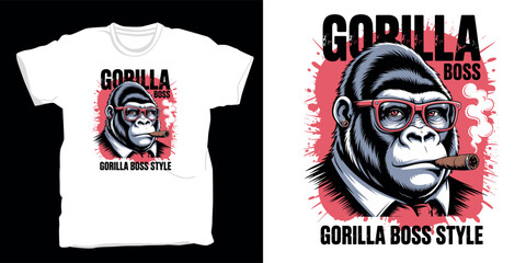 Fototapeta premium Gorilla boss wearing glasses and suit holding cigar with smoke and red splatter background isolated on white t-shirt design.