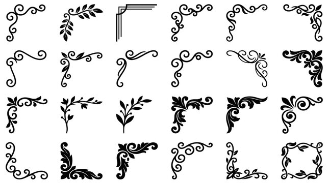 Collection of Decorative Vintage Corner Borders and Floral Silhouette Ornaments for Page Frame Design