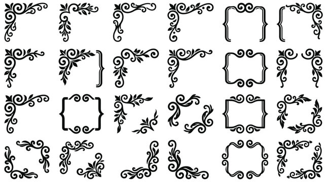 Elegant collection of decorative vintage silhouette corner frames and floral borders for wedding invitations and stationary design projects