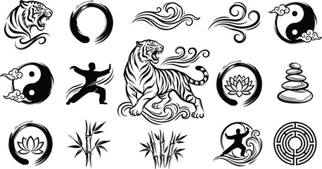 Obraz premium Asian Zen and Martial Arts Silhouette Icon Set with Roaring Tiger Kung Fu Fighter Yin Yang Bamboo Lotus and Enso Circle Elements Vector