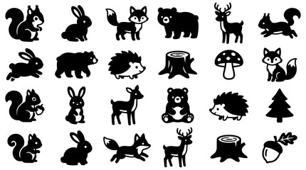Obraz premium Cute woodland animal silhouette collection featuring bear, deer, fox, rabbit, and squirrel forest elements