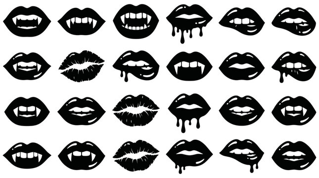 Set of black vampire lips silhouette icons with fangs and dripping blood for Halloween design