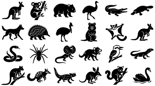 A collection of black Australian animal silhouette icons featuring native wildlife such as kangaroos, koalas, emus, and various reptiles in a minimalist vector style