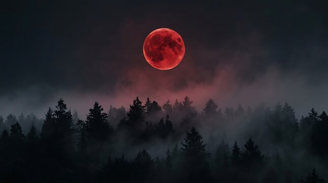 Dramatic Red Full Moon Rising over Misty Pine Forest at Night