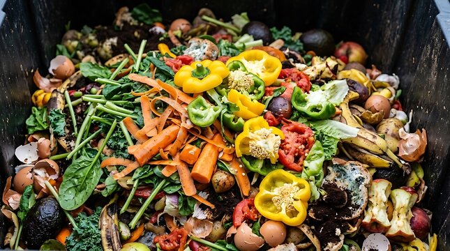 Organic vegetable scraps and food waste in a composting bin