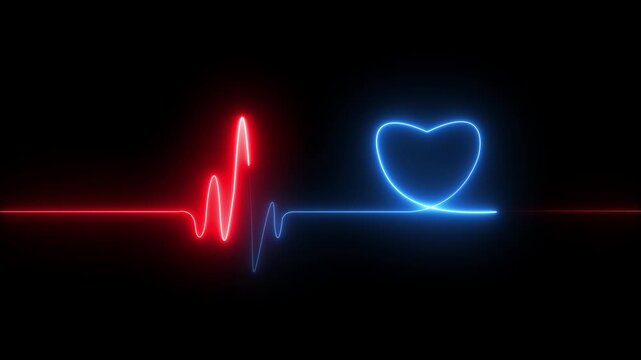 Neon heart beat line animation concept. Heartbeat and pulse rate signal. ECG heartbeat flatline Vibrant Red Electrocardiogram. 4k stock video. 


