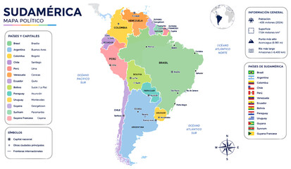 Detailed political map of south america showing borders countries capitals cities flags and geographic information presented in a clean professional vector style on transparent background © Graphixa