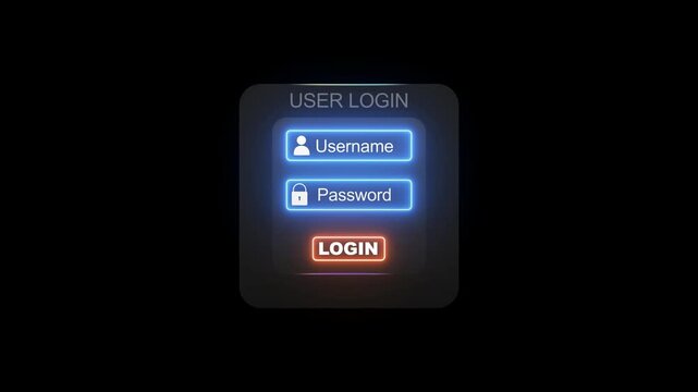 Animated to typing User name graphic log in form selects with password system token. Username and password input login screen with neon effects.