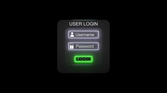 Animated to typing User name graphic log in form selects with password system token. Username and password input login screen with neon effects.