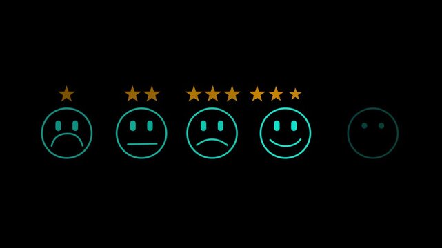 Customer feedback rating icons sad neutral happy faces with stars showing satisfaction levels on Motion graphic 4k animation video.