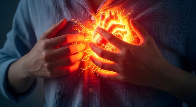 Glowing electrical heart anatomy superimposed over a human chest. Cardiovascular disease and sudden heart attack concept. Person clutching their body during a cardiac emergency